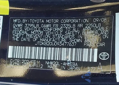 2009 Toyota Prius Touring z USA, uszkodzony, nr VIN JTDKB20U093477637